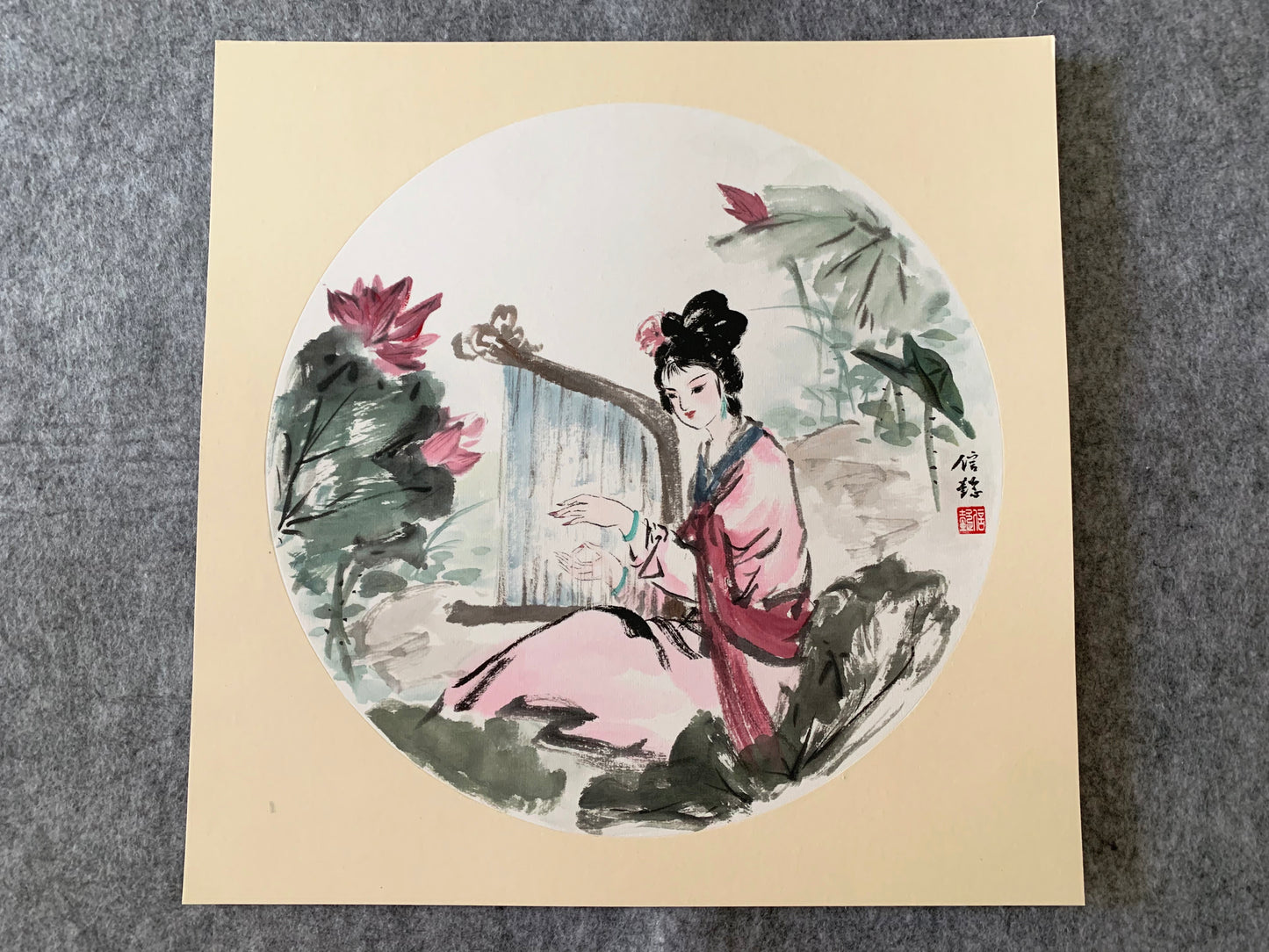 Ancient Beauty at Lotus Pond Chinese Ink Painting