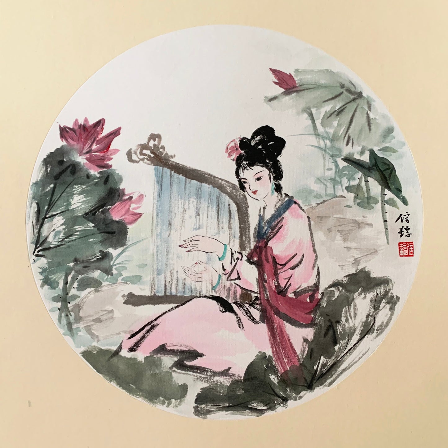 Ancient Beauty at Lotus Pond Chinese Ink Painting