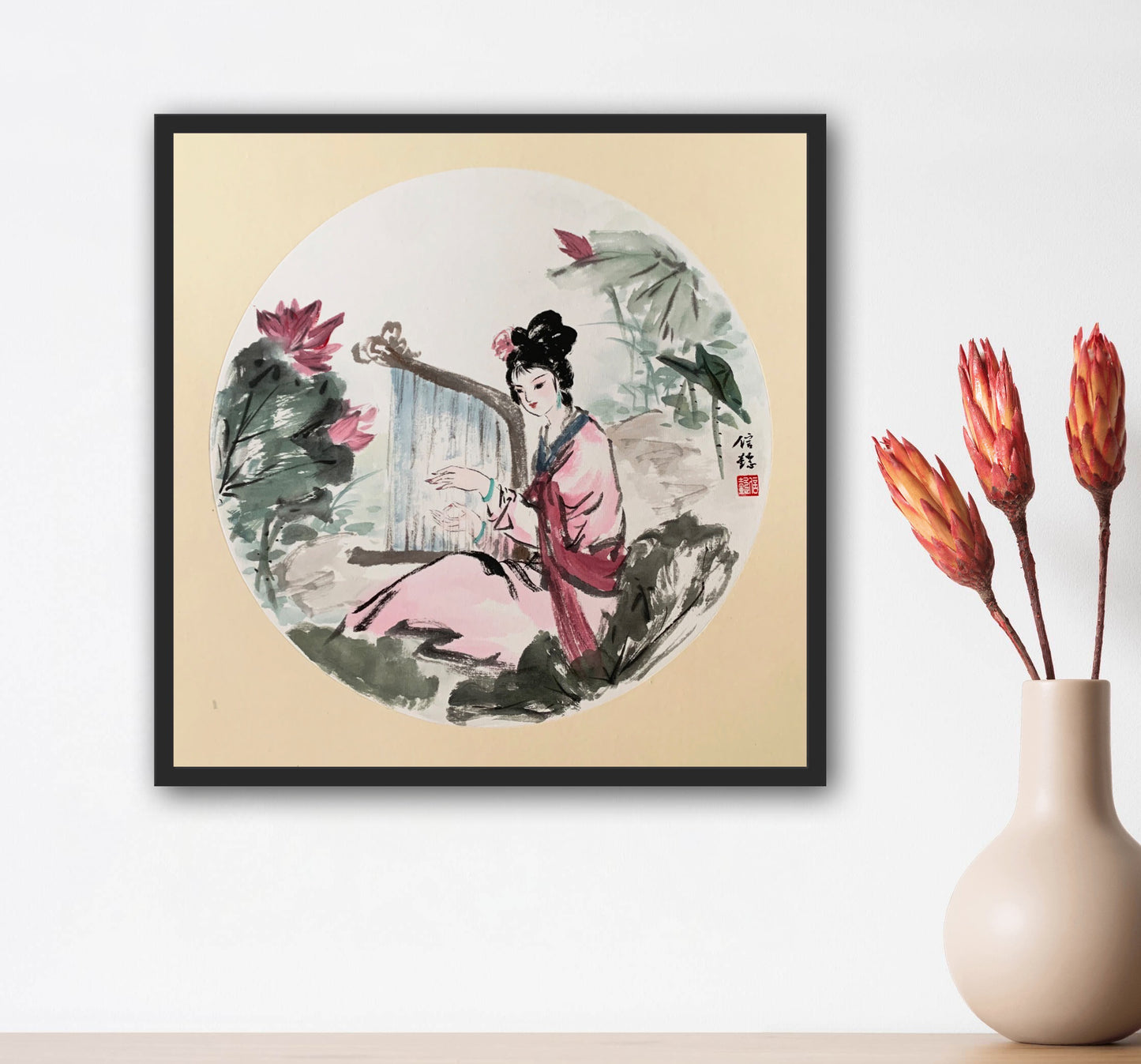 Ancient Beauty at Lotus Pond Chinese Ink Painting