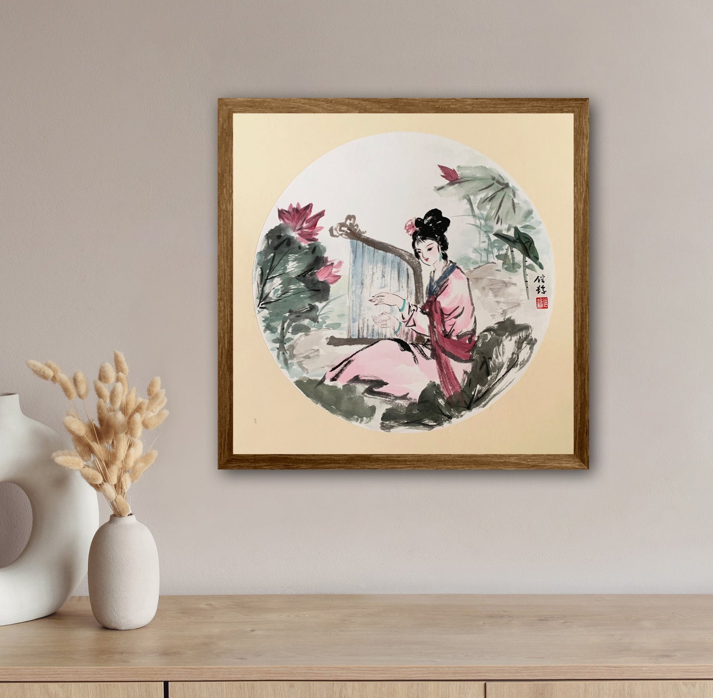 Ancient Beauty at Lotus Pond Chinese Ink Painting