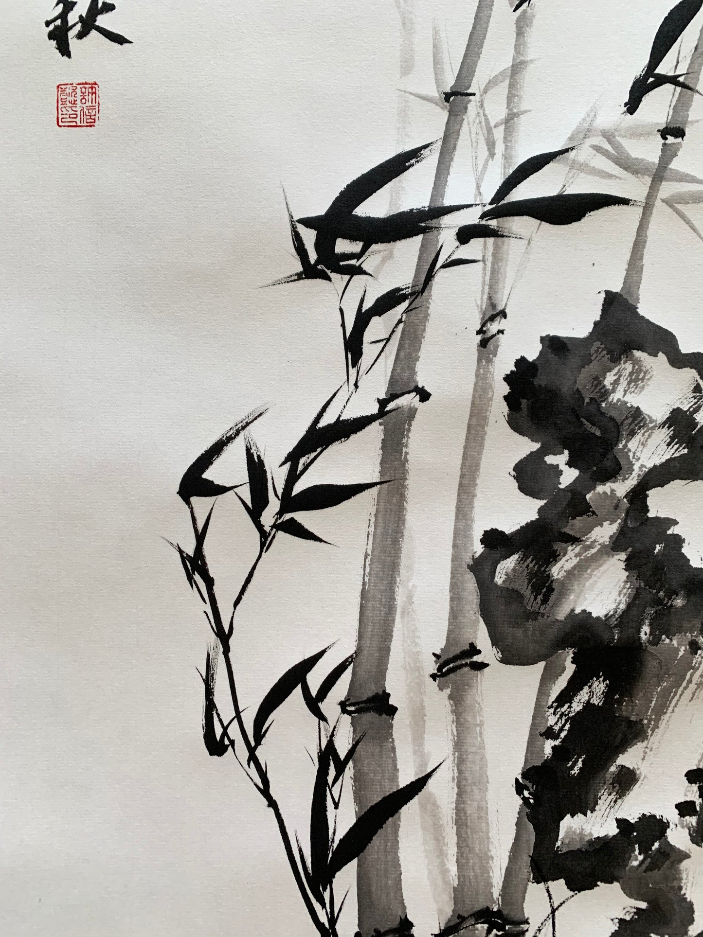 Bamboo Stone Traditional Chinese Painting Hanging Scroll