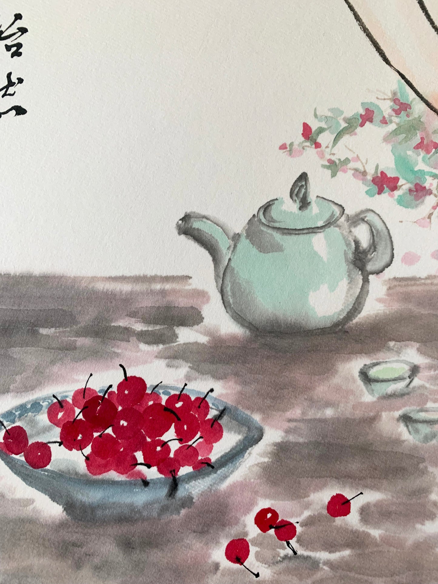 "Cherries and Afternoon Tea Time" Ink Painting