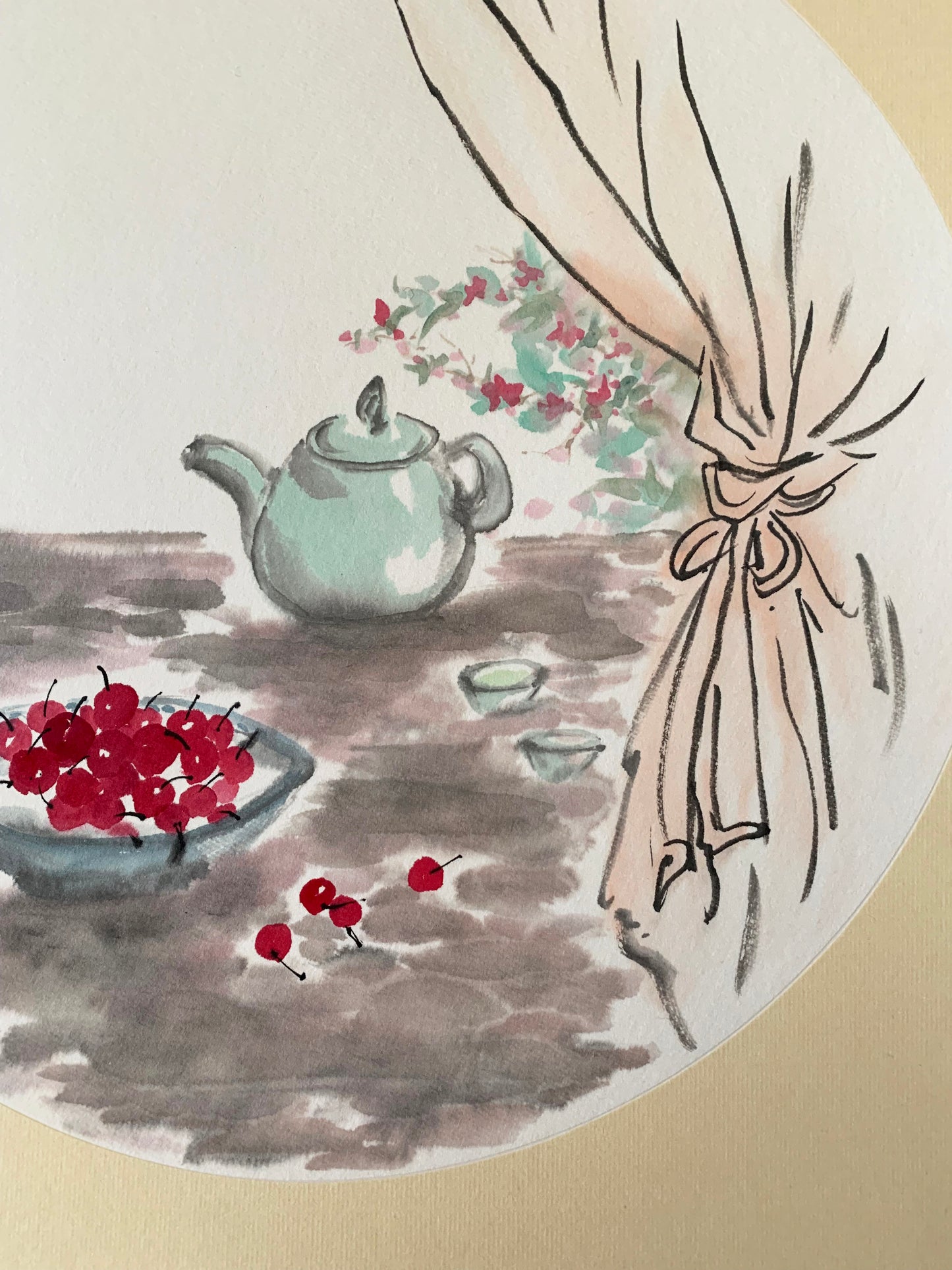 "Cherries and Afternoon Tea Time" Ink Painting